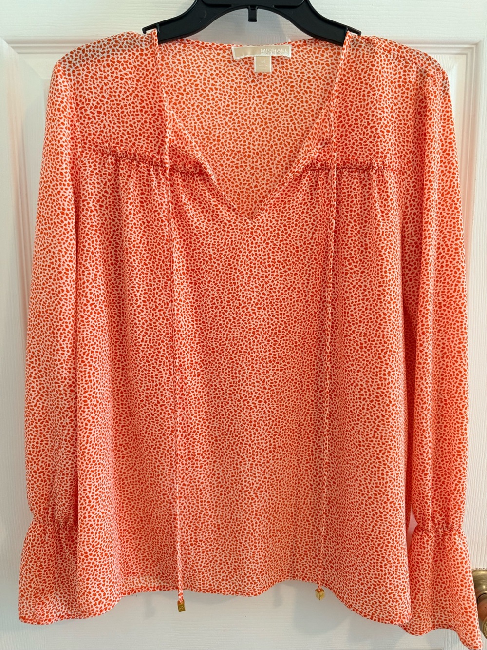 Michael Kors Coral Print Long Sleeve V-Neck Blouse with Ties